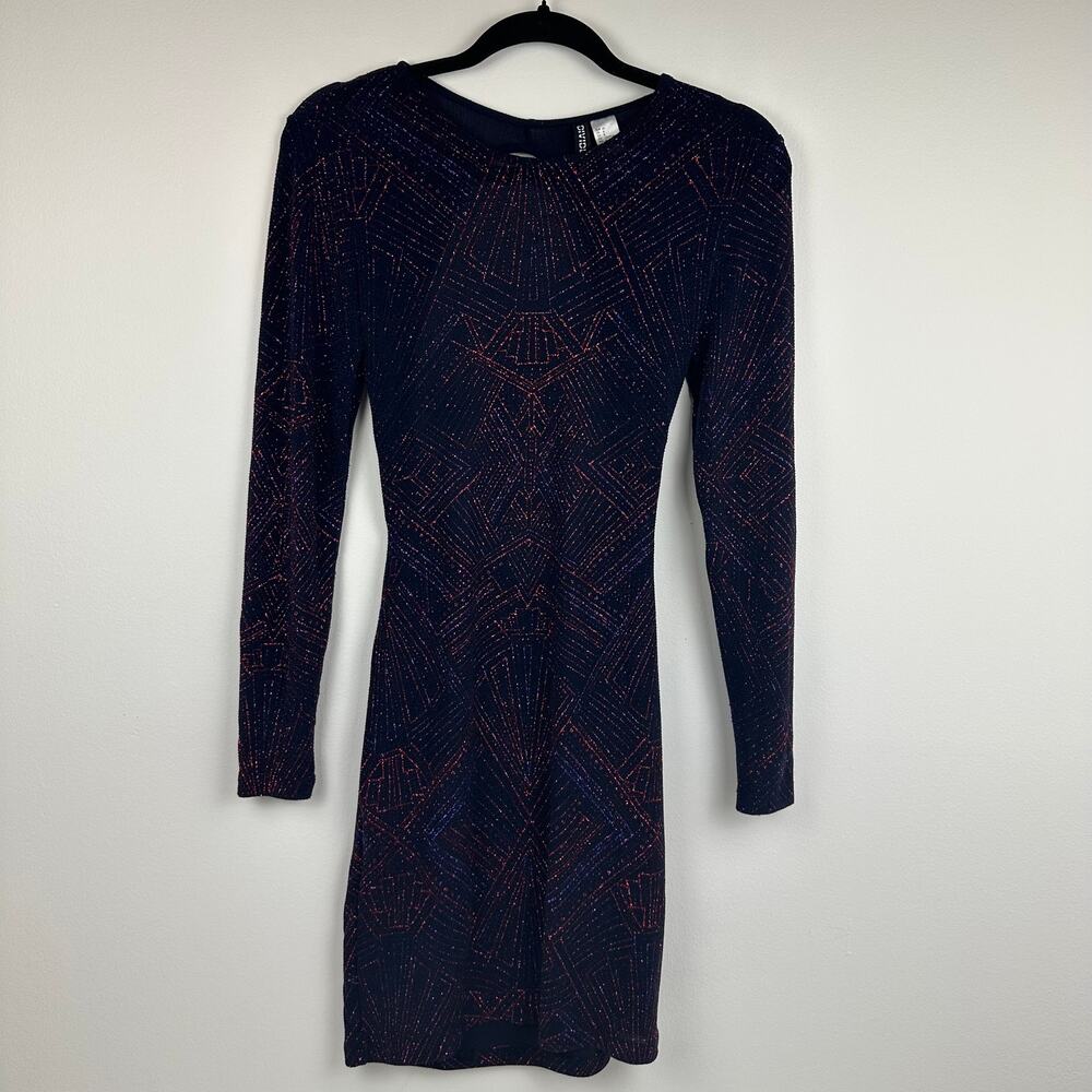 H&M Womens Long Sleeve Open Back Geometric Glitter Bodycon Dark Blue/Red Dress 8